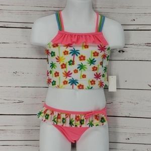 Tropical Palm Tree Hibiscus Ruffle Tankini‎ Swimsuit Set Pink Multi 12 Months